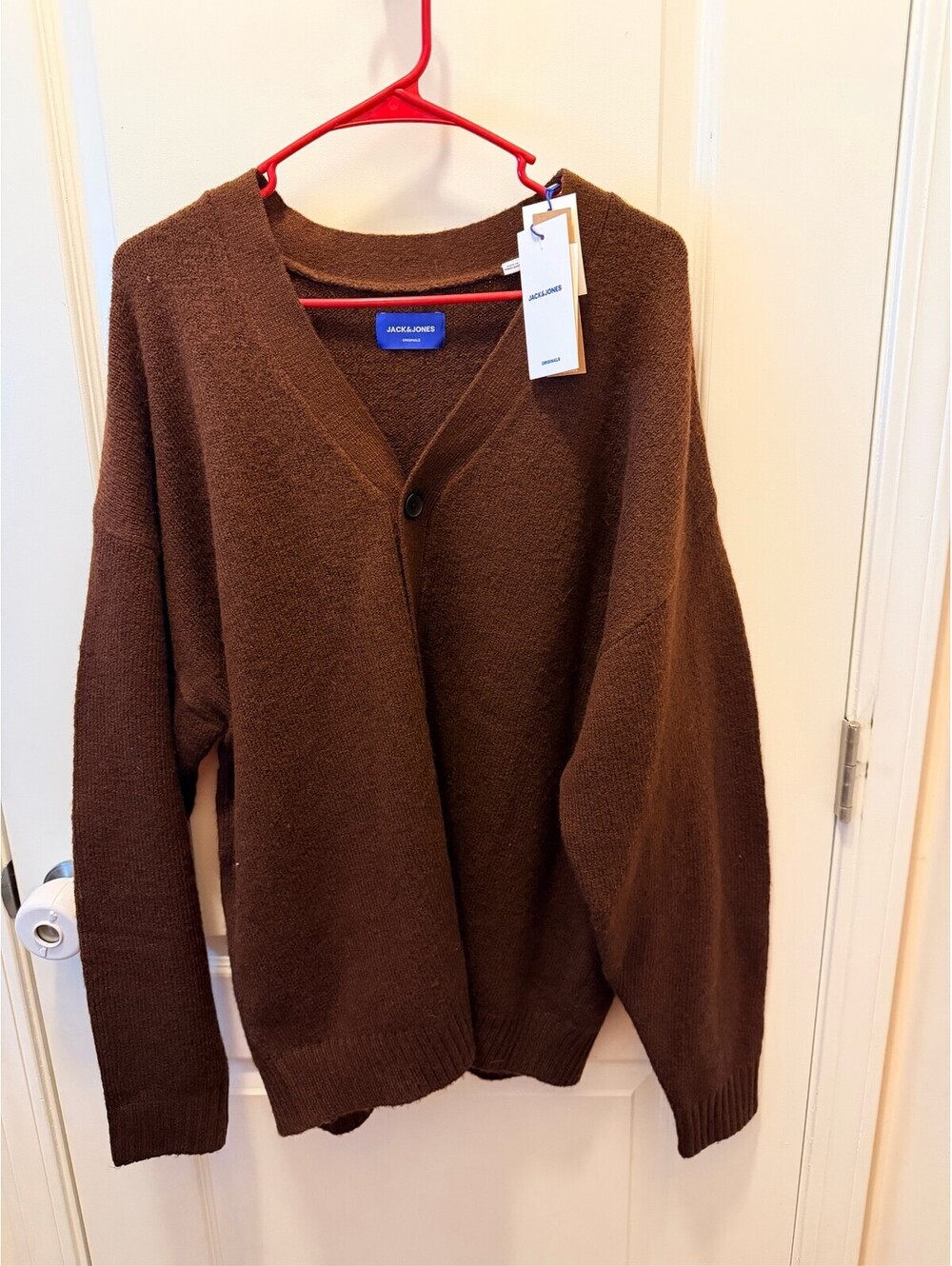 Jack & Jones Mens Brown Cardigan Sweater V Neck Button Front Size XL Cozy Comfy